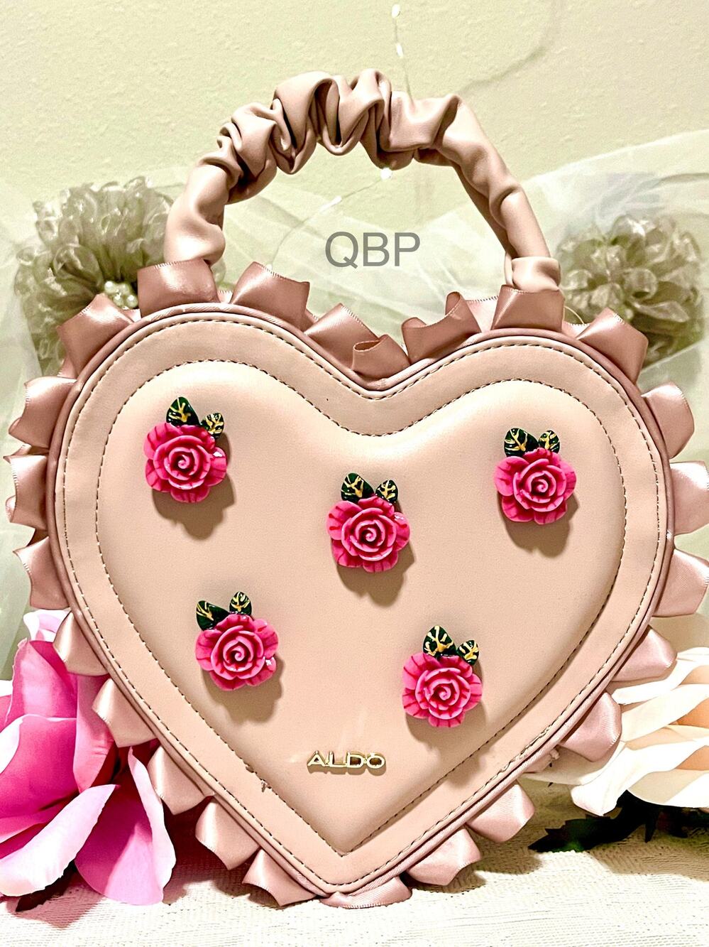 Aldo Heart Purse - Pink Faux Leather Bag with 3D Roses (NWT)